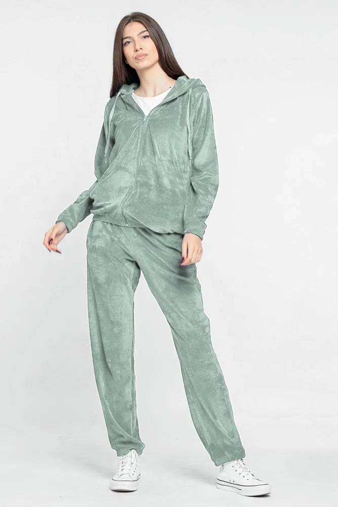 Trening dama doua piese din catifea de bumbac verde kaki prafuit [1]