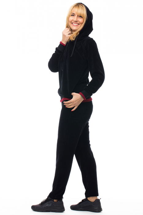 Trening dama doua piese din catifea de bumbac, negru, cu banda bordo [2]