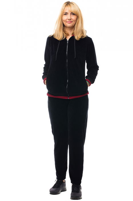 Trening dama doua piese din catifea de bumbac, negru, cu banda bordo [1]