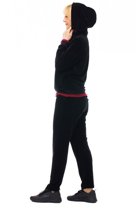 Trening dama doua piese din catifea de bumbac, negru, cu banda bordo [3]