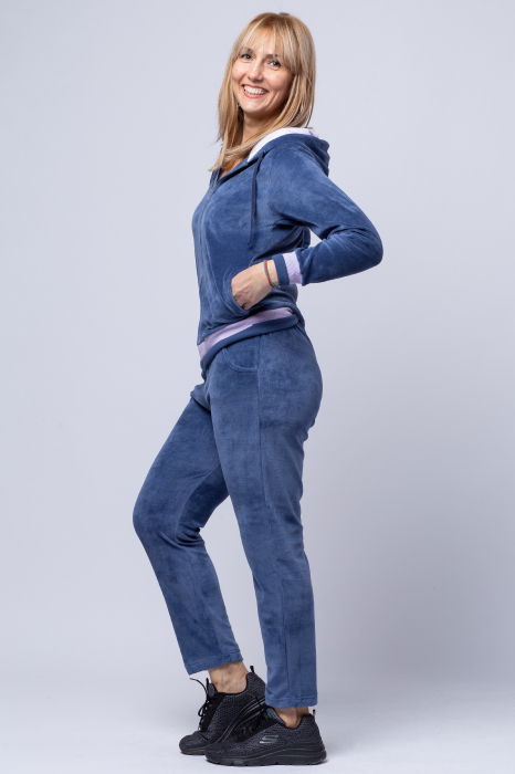 Trening dama doua piese din catifea de bumbac, albastru jeans cu banda lila [1]