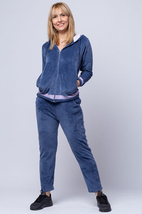 Trening dama doua piese din catifea de bumbac, albastru jeans cu banda lila [3]
