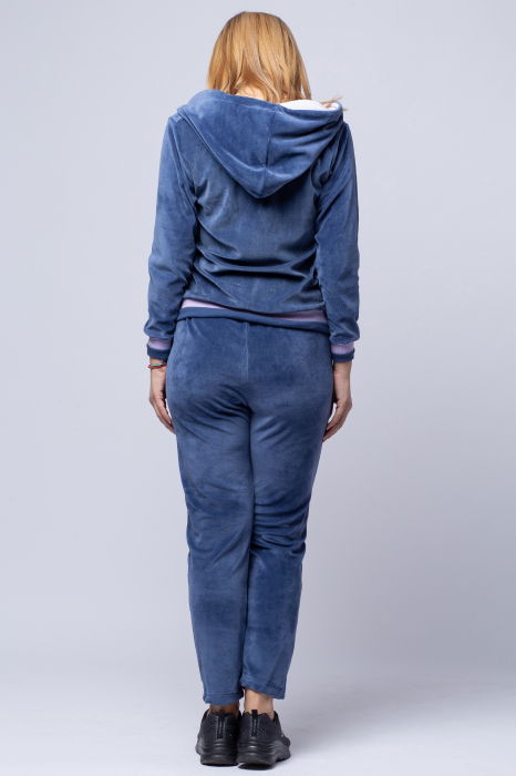 Trening dama doua piese din catifea de bumbac, albastru jeans cu banda lila [4]