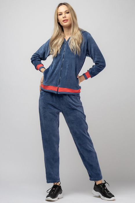 Trening dama doua piese din catifea de bumbac, albastru jeans, cu banda corai [1]