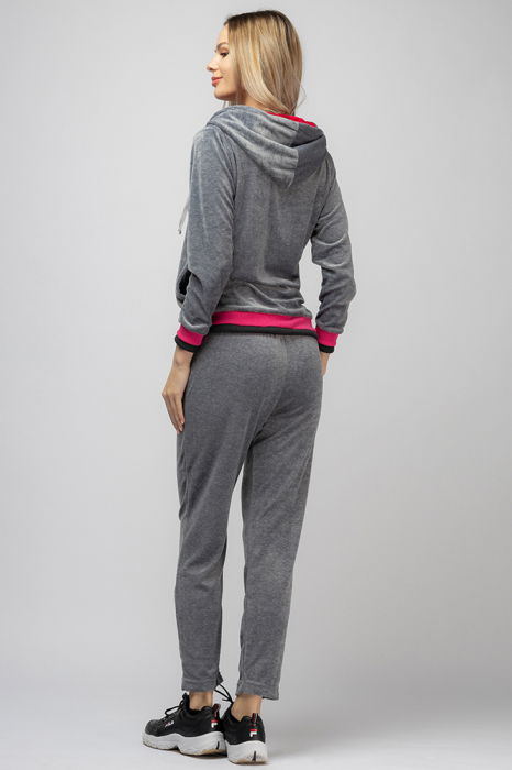 Trening dama doua piese din catifea de bumbac,gri deschis, cu banda fucsia [3]