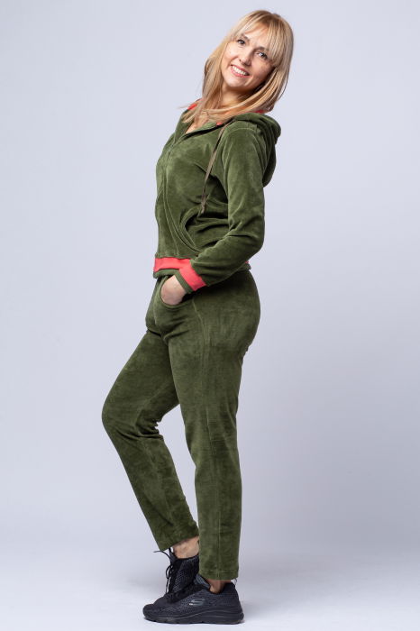 Trening dama doua piese din catifea de bumbac, kaki, cu banda corai [2]