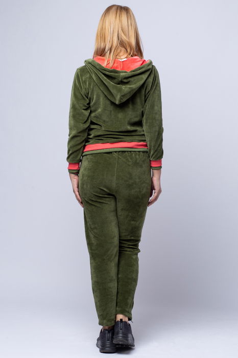 Trening dama doua piese din catifea de bumbac, kaki, cu banda corai [3]