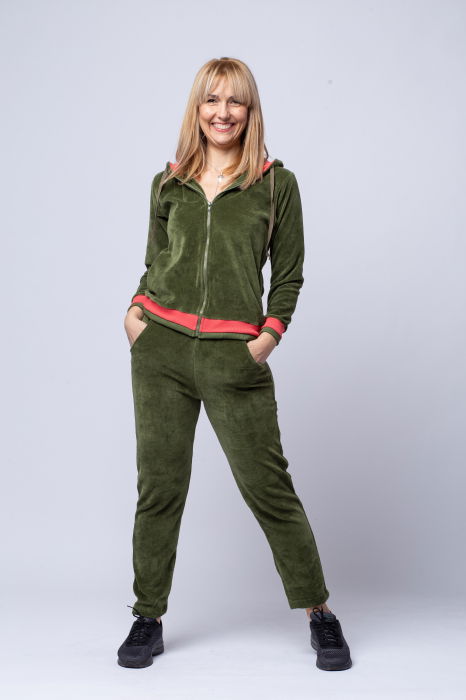 Trening dama doua piese din catifea de bumbac, kaki, cu banda corai [1]