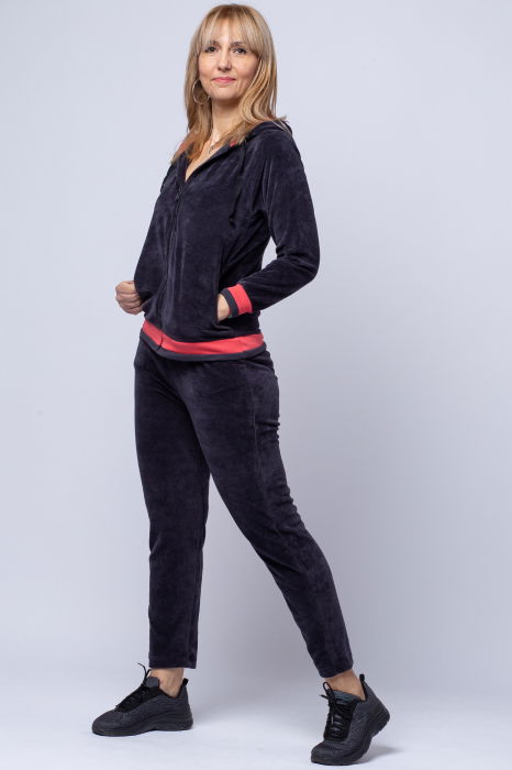 Trening dama doua piese din catifea de bumbac, gri fume cu banda corai [1]