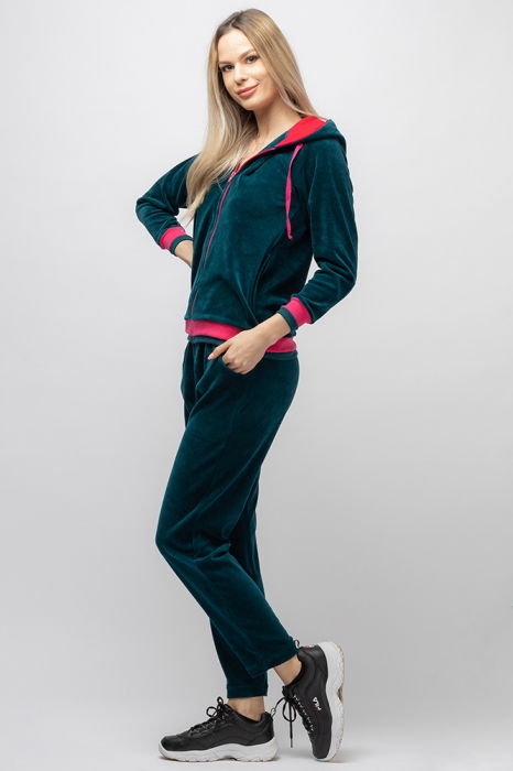 Trening dama doua piese din catifea de bumbac, verde turquoise cu banda fucsia [1]