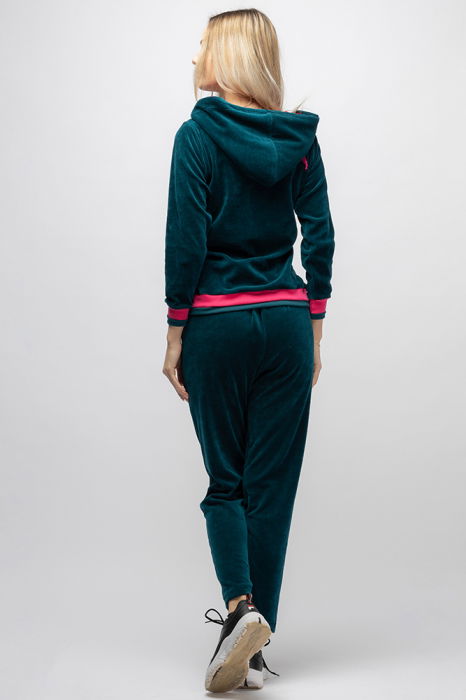Trening dama doua piese din catifea de bumbac, verde turquoise cu banda fucsia [3]