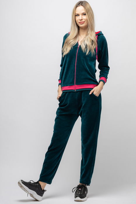 Trening dama doua piese din catifea de bumbac, verde turquoise cu banda fucsia [4]