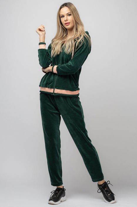 Trening dama doua piese din catifea de bumbac, verde smarald, cu banda bej [1]