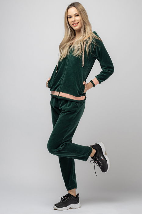 Trening dama doua piese din catifea de bumbac, verde smarald, cu banda roz [2]