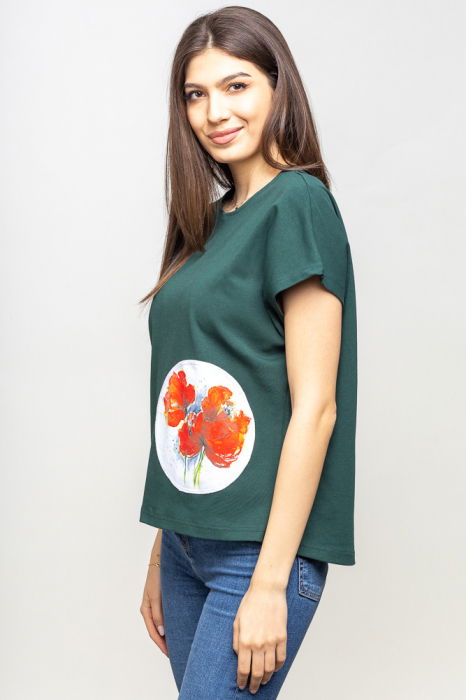 Tricou verde cu panou lateral maci rosii picturali [2]