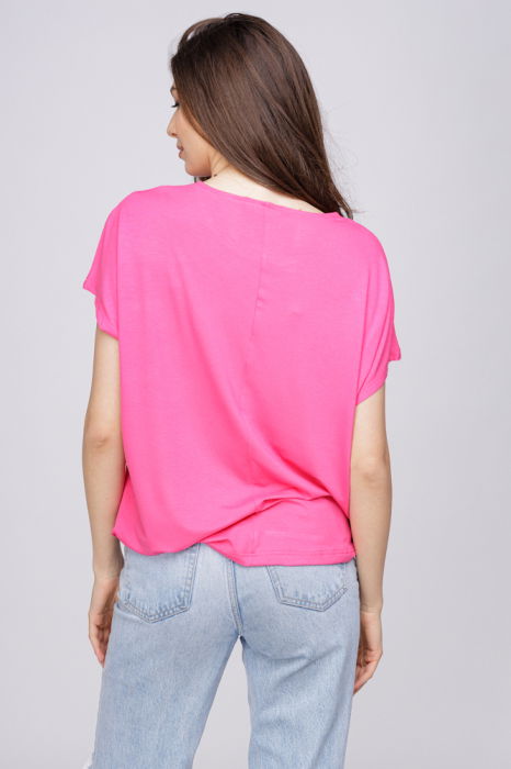 Tricou din vascoza cu snur la poale si imprimeu fluturi, fucsia [3]