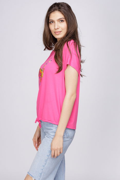 Tricou din vascoza cu snur la poale si imprimeu fluturi, fucsia [2]