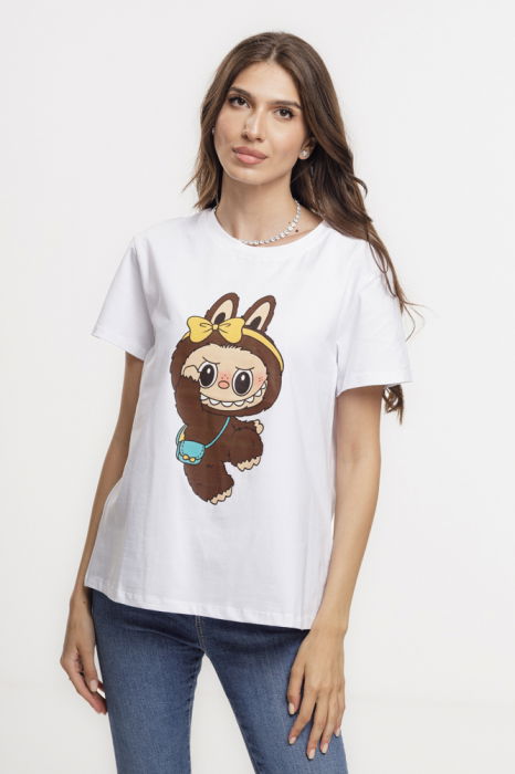 Tricou alb din bumbac cu imprimeu Labubu cu fundita, marime mare [1]