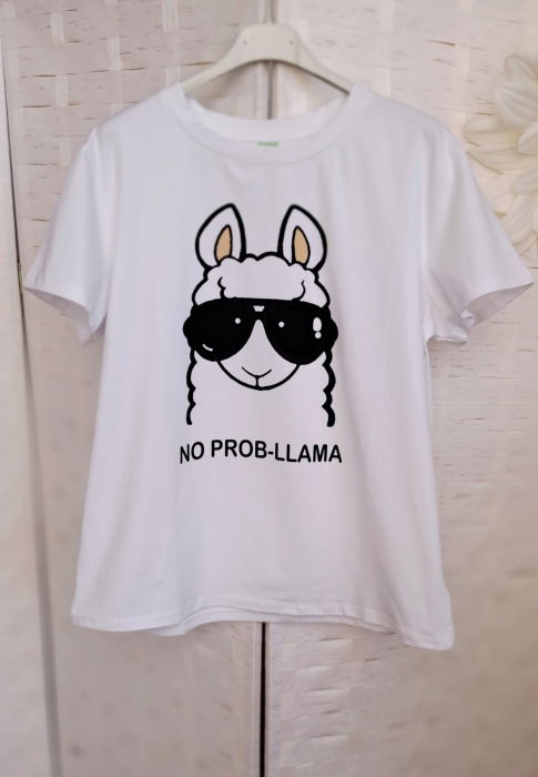 Tricou alb din bumbac cu imprimeu Lama- No problamaaa – tricoul zen [2]