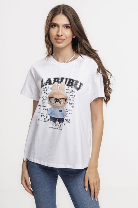 Tricou alb din bumbac cu imprimeu Labubu inteligentu' [1]