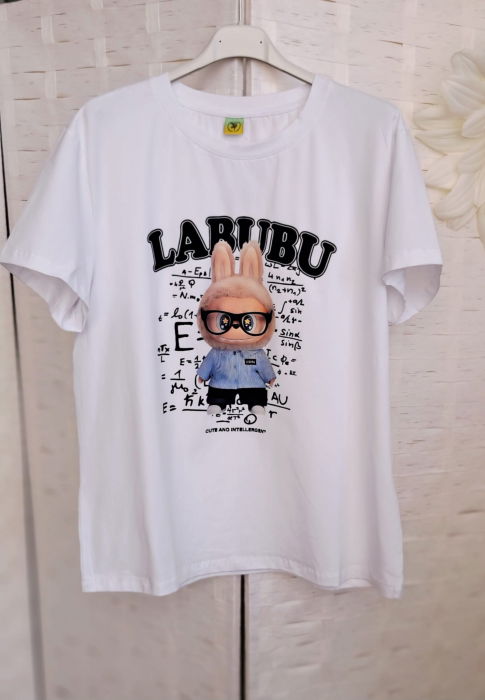 Tricou alb din bumbac cu imprimeu Labubu inteligentu' [2]