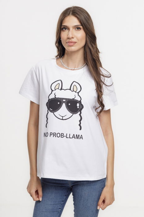 Tricou alb din bumbac cu imprimeu Lama- No problamaaa – tricoul zen [1]
