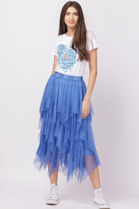 Tricou alb din bumbac cu imprimeu turcoaz-argintiu Micky stilizat si inima [4]