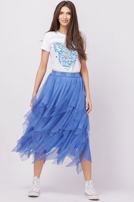 Tricou alb din bumbac cu imprimeu turcoaz-argintiu Micky stilizat si inima [5]