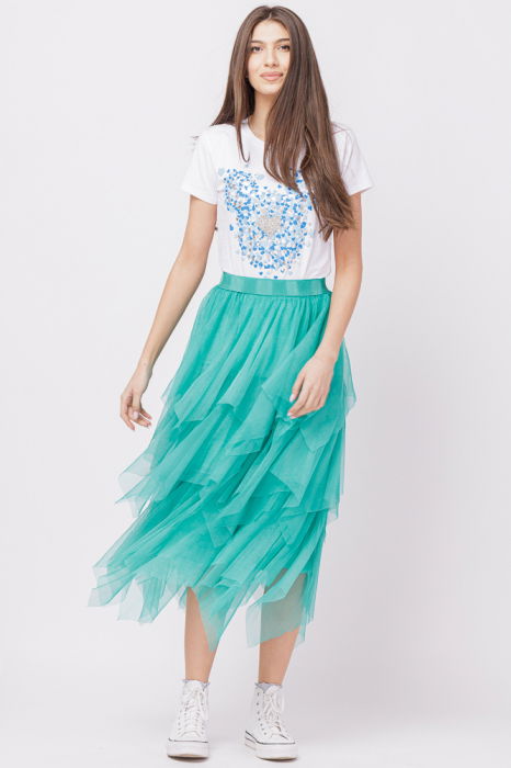 Tricou alb din bumbac cu imprimeu turcoaz-argintiu Micky stilizat si inima [3]