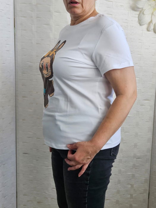 Tricou alb din bumbac cu imprimeu Labubu cu fundita, marime mare [5]