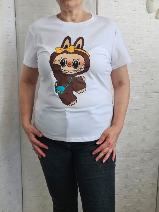 Tricou alb din bumbac cu imprimeu Labubu cu fundita, marime mare [3]