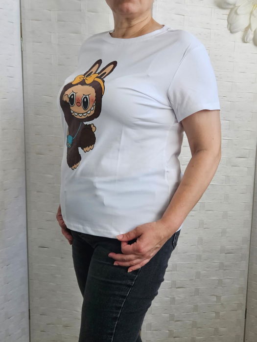 Tricou alb din bumbac cu imprimeu Labubu cu fundita, marime mare [4]