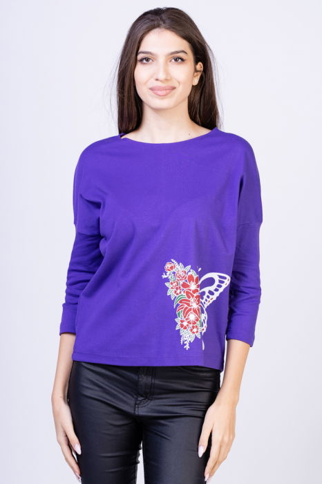 Tricou mov din bumbac, cu maneci 3/4 si imprimeu fluture [1]