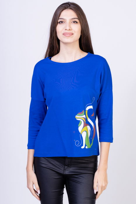 Tricou albatru electric cu imprimeu pisica colorata [1]