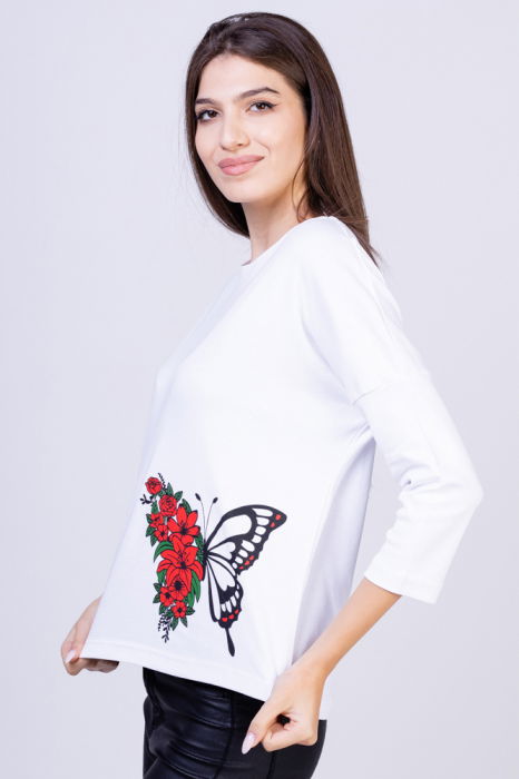Tricou alb din bumbac, cu maneci 3/4 si imprimeu fluture [2]