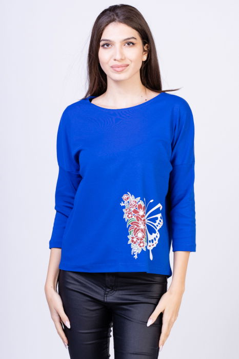 Tricou albastru electric din bumbac, cu maneci 3/4 si imprimeu fluture [1]
