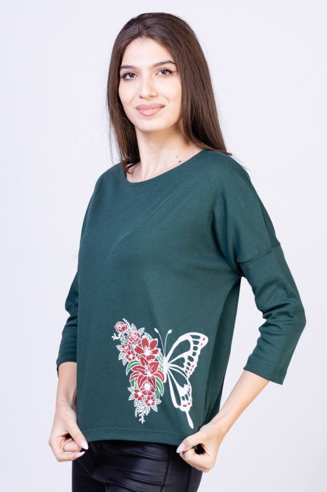 Tricou verde inchis din bumbac, cu maneci 3/4 si imprimeu fluture [2]