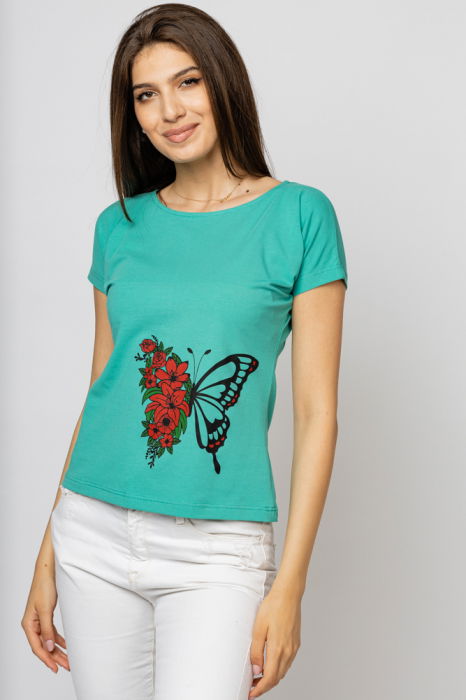 Tricou cambrat turcoaz din bumbac cu imprimeu fluture si flori [1]