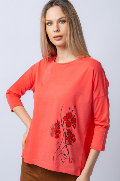 Tricou corai din bumbac, cu maneci 3/4 si imprimeu maci [1]