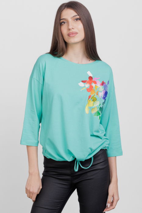 Tricou cu maneca 3/4 din tricot de bumbac cu snur la baza, turcoaz cu imprimeu floare stilizata [2]