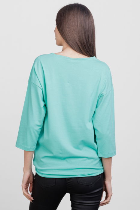Tricou cu maneca 3/4 din tricot de bumbac cu snur la baza, turcoaz cu imprimeu floare stilizata [3]