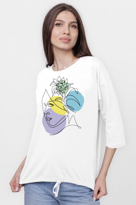 Tricou cu maneca 3/4 din tricot de bumbac cu snur la baza, alba cu imprimeu chip stilizat [2]
