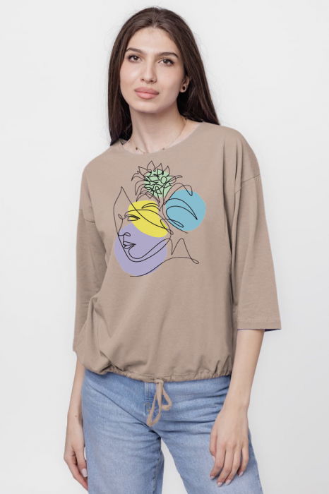 Tricou cu maneca 3/4 din tricot de bumbac cu snur la baza, fango cu imprimeu chip stilizat [1]
