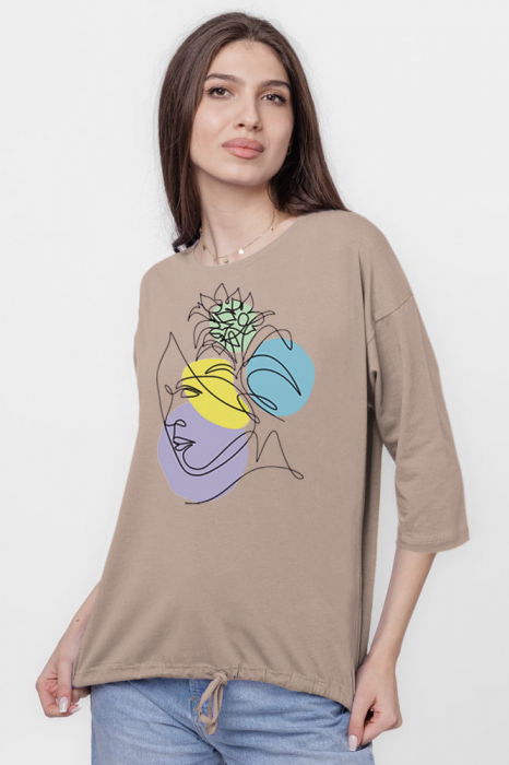 Tricou cu maneca 3/4 din tricot de bumbac cu snur la baza, fango cu imprimeu chip stilizat [2]