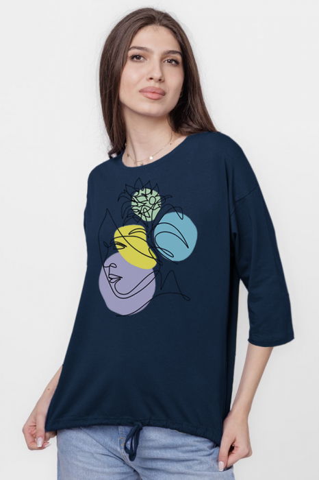 Tricou cu maneca 3/4 din tricot de bumbac cu snur la baza, bleumarin cu imprimeu chip stilizat [2]