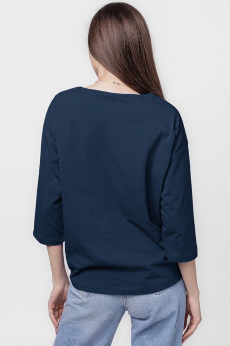 Tricou cu maneca 3/4 din tricot de bumbac cu snur la baza, bleumarin cu imprimeu chip stilizat [3]