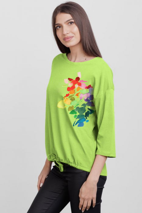 Tricou cu maneca 3/4 din tricot de bumbac cu snur la baza, verde deschis cu imprimeu floare stilizata [2]