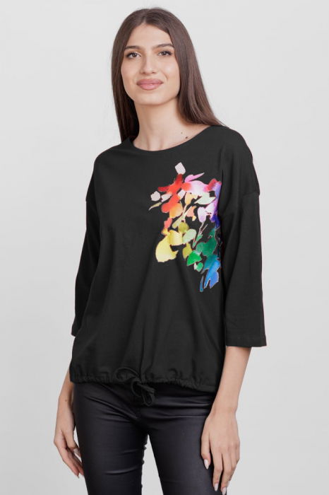 Tricou cu maneca 3/4 din tricot de bumbac cu snur la baza, negru cu imprimeu floare stilizata [1]