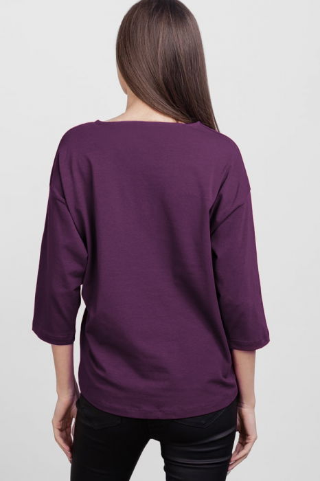 Tricou cu maneca 3/4 din tricot de bumbac cu snur la baza, mov inchis cu imprimeu floare stilizata [3]