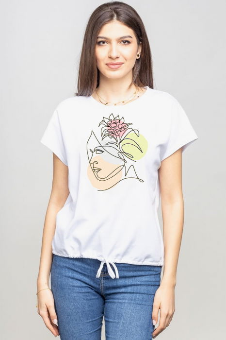 Tricou cu maneca cazuta din bumbac alb cu snur la baza, impreimeu chip stilizat [1]